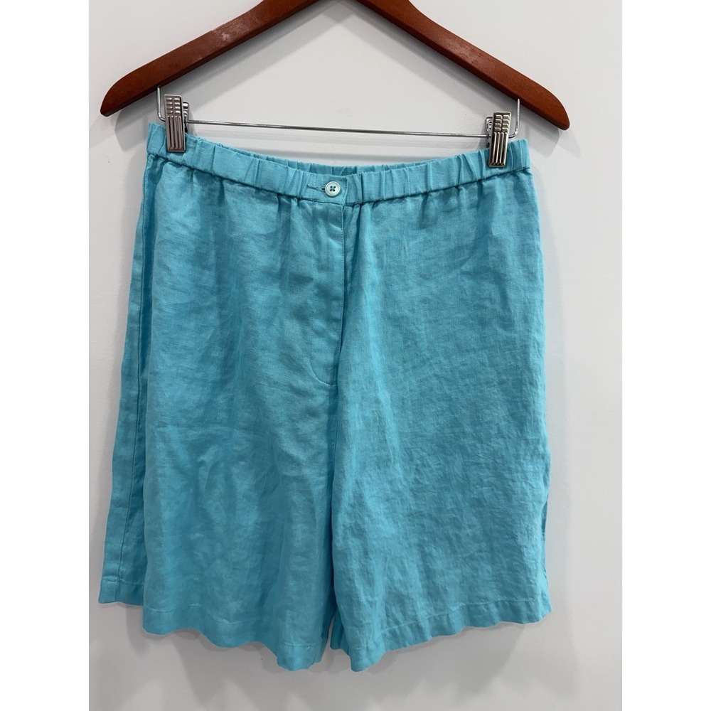 Talbots 100% Linen Pull On Shorts Women 12 Aqua Blue Elastic Waist Coastal Style